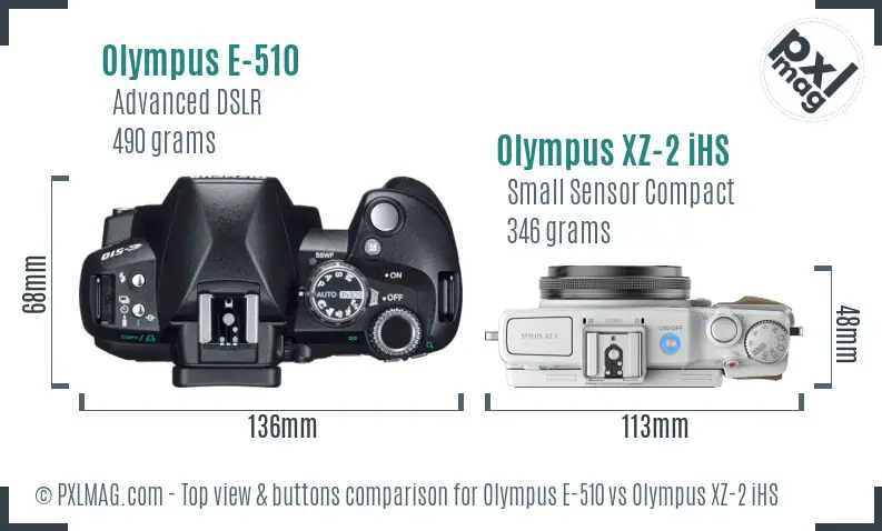 Olympus E-510 vs Olympus XZ-2 iHS top view buttons comparison