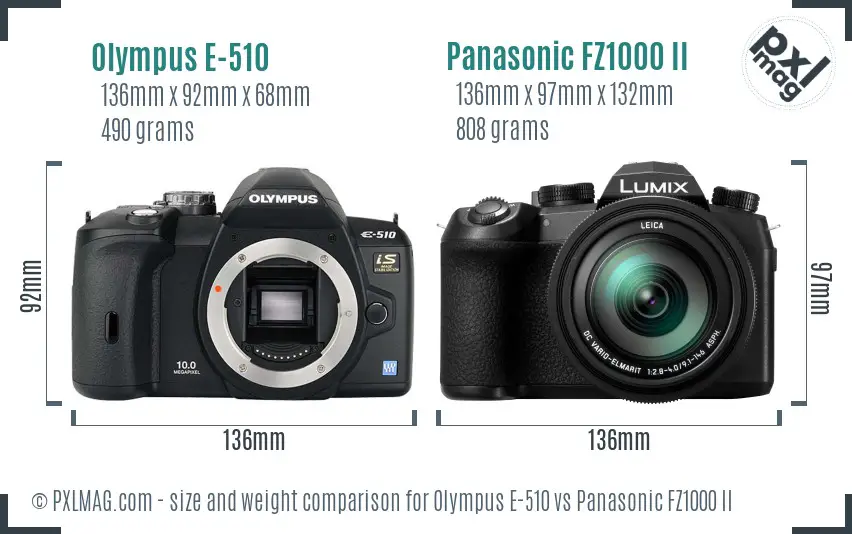 Olympus E-510 vs Panasonic FZ1000 II size comparison
