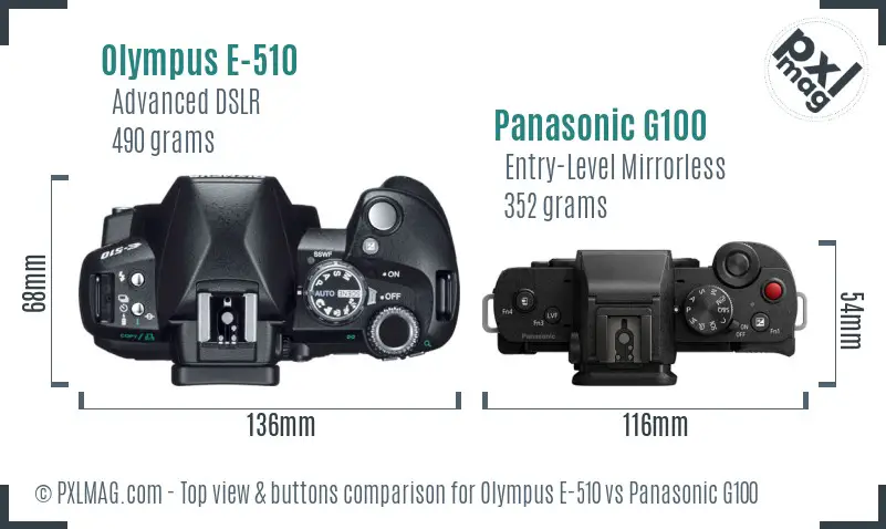 Olympus E-510 vs Panasonic G100 top view buttons comparison