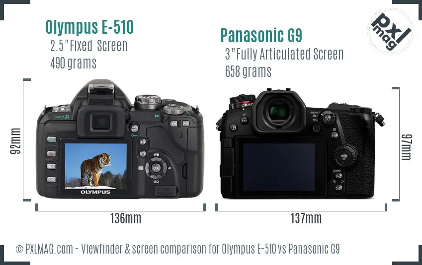 Olympus E-510 vs Panasonic G9 Screen and Viewfinder comparison