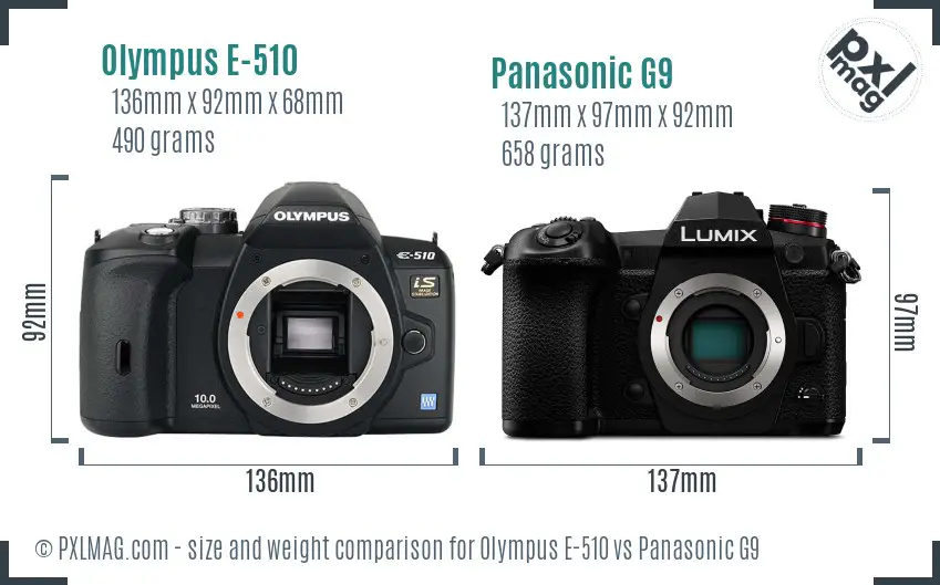 Olympus E-510 vs Panasonic G9 size comparison