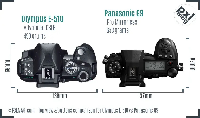 Olympus E-510 vs Panasonic G9 top view buttons comparison