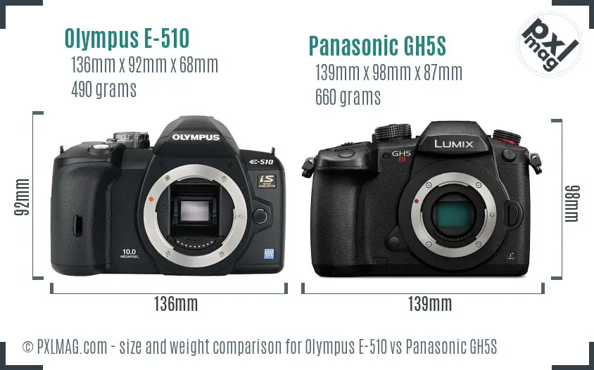Olympus E-510 vs Panasonic GH5S size comparison