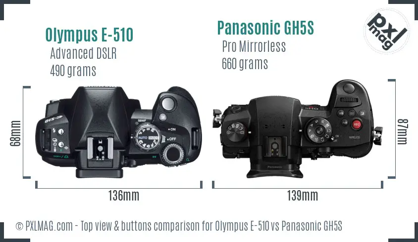 Olympus E-510 vs Panasonic GH5S top view buttons comparison