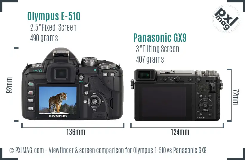 Olympus E-510 vs Panasonic GX9 Screen and Viewfinder comparison