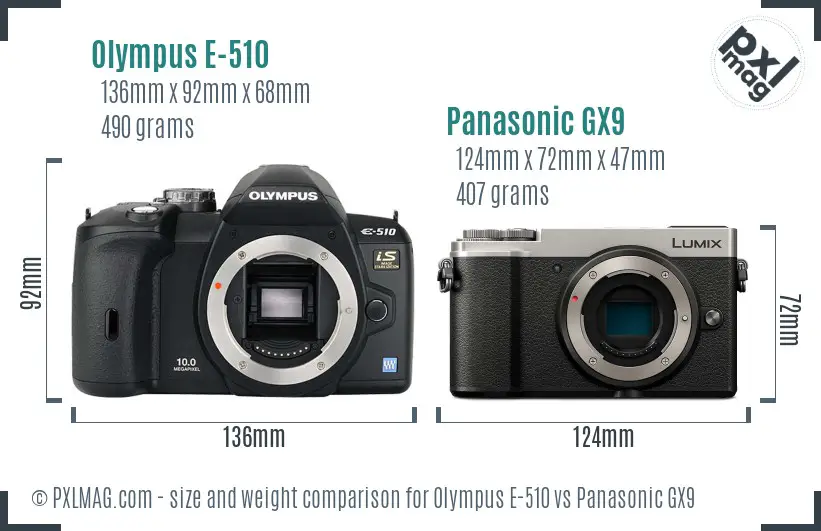 Olympus E-510 vs Panasonic GX9 size comparison