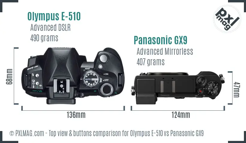 Olympus E-510 vs Panasonic GX9 top view buttons comparison