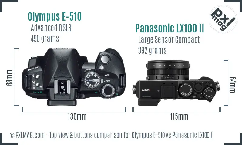 Olympus E-510 vs Panasonic LX100 II top view buttons comparison