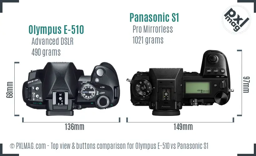 Olympus E-510 vs Panasonic S1 top view buttons comparison