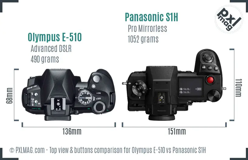 Olympus E-510 vs Panasonic S1H top view buttons comparison