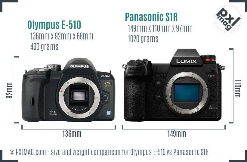 Olympus E-510 vs Panasonic S1R size comparison