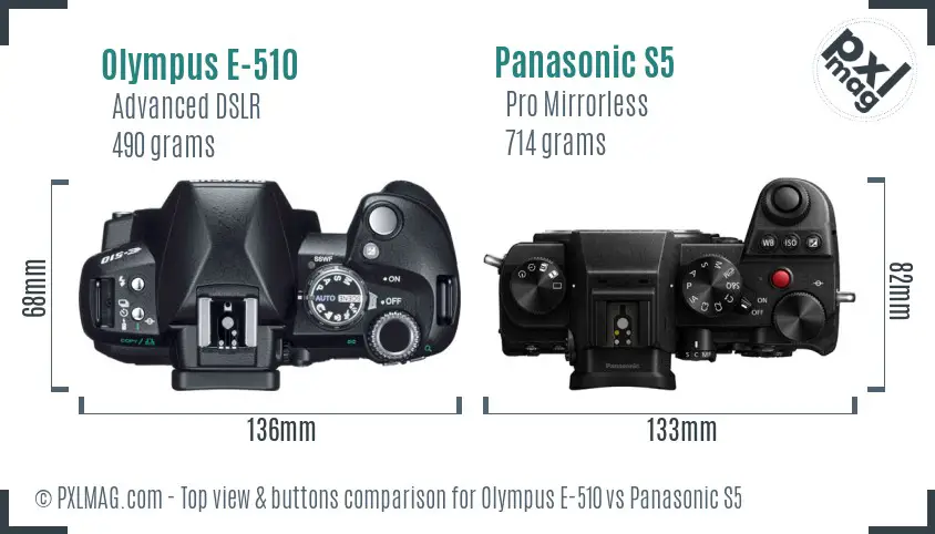Olympus E-510 vs Panasonic S5 top view buttons comparison
