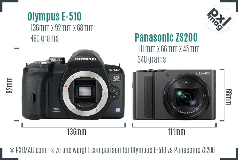 Olympus E-510 vs Panasonic ZS200 size comparison