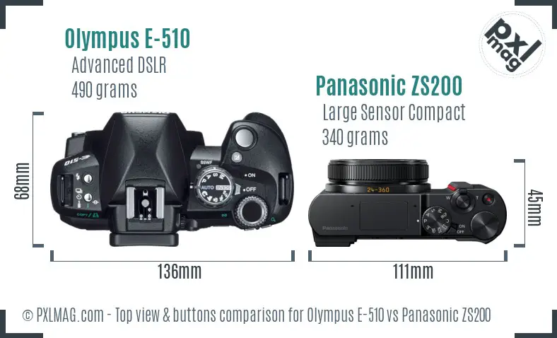 Olympus E-510 vs Panasonic ZS200 top view buttons comparison