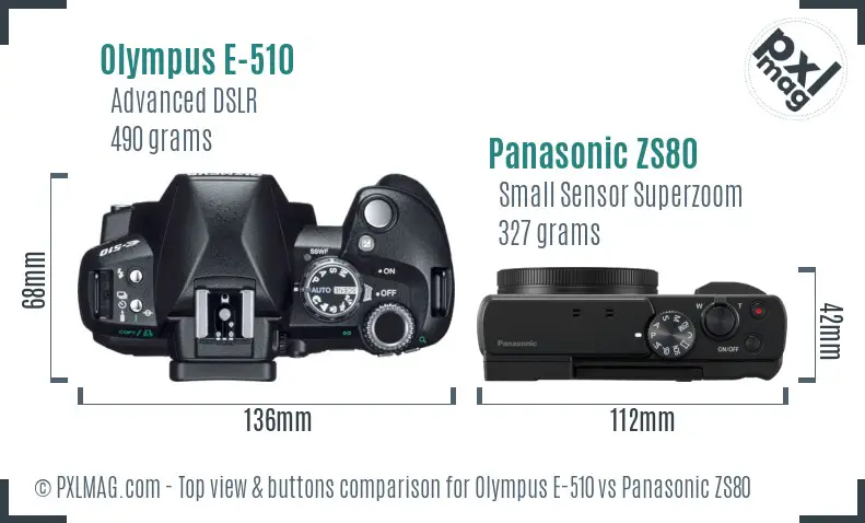 Olympus E-510 vs Panasonic ZS80 top view buttons comparison