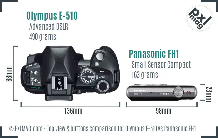 Olympus E-510 vs Panasonic FH1 top view buttons comparison