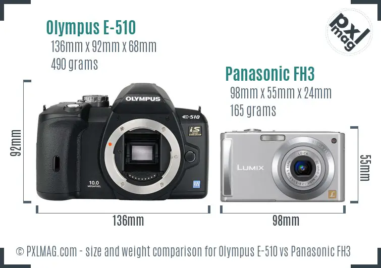 Olympus E-510 vs Panasonic FH3 size comparison
