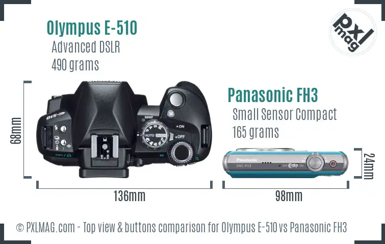 Olympus E-510 vs Panasonic FH3 top view buttons comparison