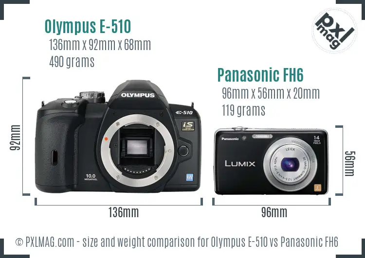 Olympus E-510 vs Panasonic FH6 size comparison
