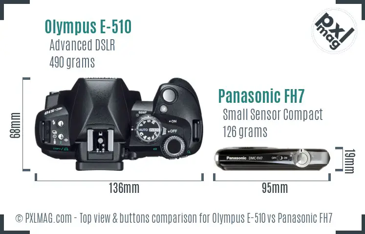 Olympus E-510 vs Panasonic FH7 top view buttons comparison