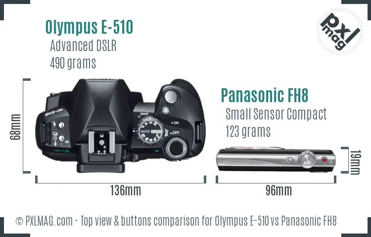 Olympus E-510 vs Panasonic FH8 top view buttons comparison