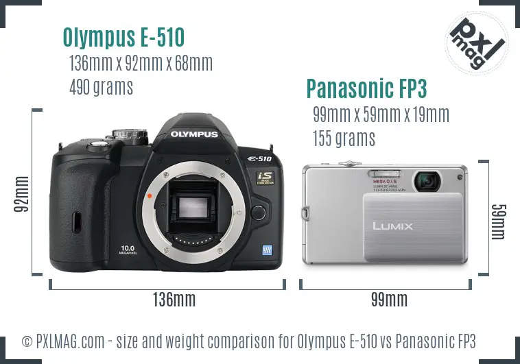 Olympus E-510 vs Panasonic FP3 size comparison