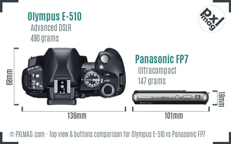 Olympus E-510 vs Panasonic FP7 top view buttons comparison