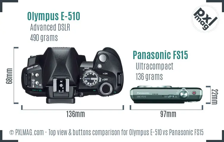 Olympus E-510 vs Panasonic FS15 top view buttons comparison