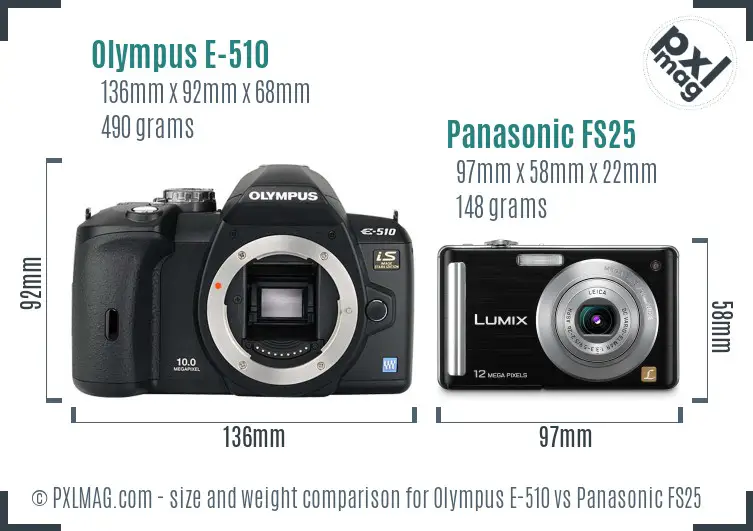 Olympus E-510 vs Panasonic FS25 size comparison