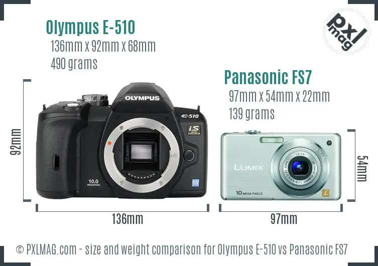 Olympus E-510 vs Panasonic FS7 size comparison