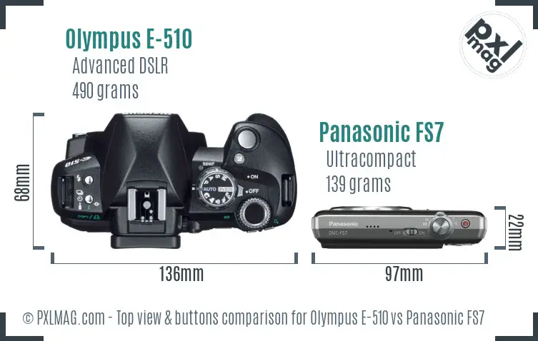 Olympus E-510 vs Panasonic FS7 top view buttons comparison