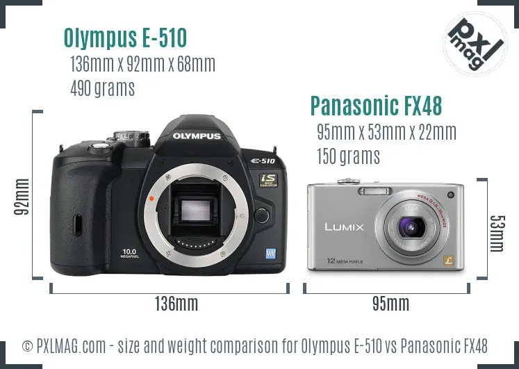 Olympus E-510 vs Panasonic FX48 size comparison