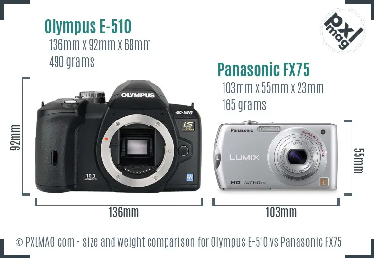Olympus E-510 vs Panasonic FX75 size comparison