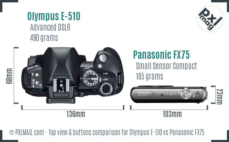 Olympus E-510 vs Panasonic FX75 top view buttons comparison