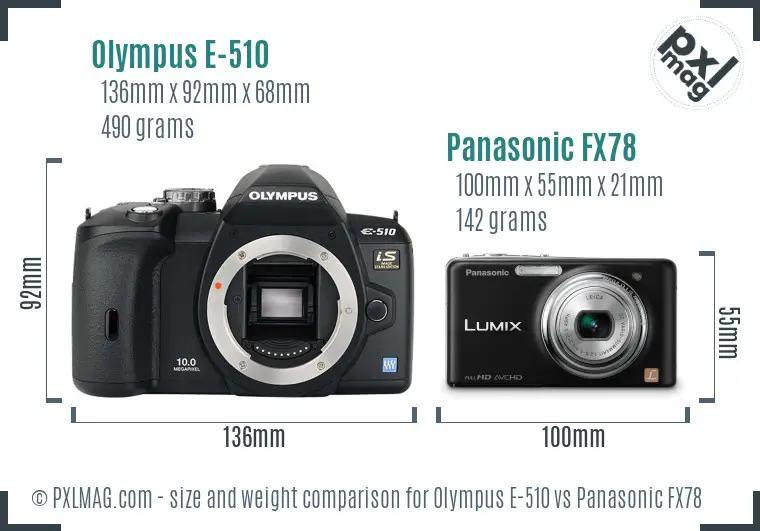 Olympus E-510 vs Panasonic FX78 size comparison