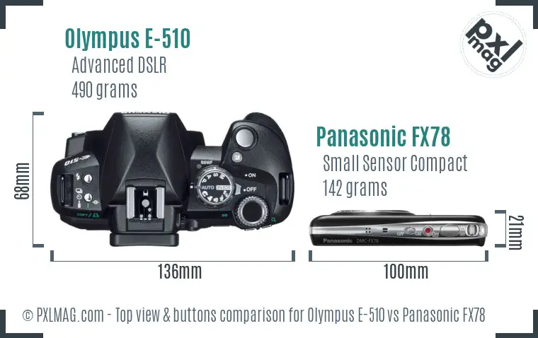 Olympus E-510 vs Panasonic FX78 top view buttons comparison
