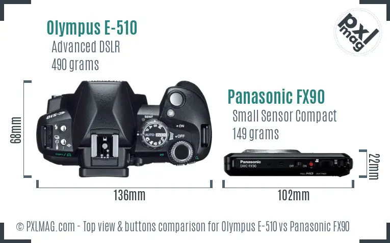 Olympus E-510 vs Panasonic FX90 top view buttons comparison