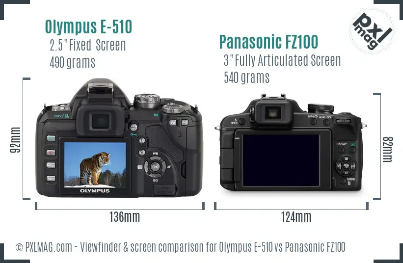 Olympus E-510 vs Panasonic FZ100 Screen and Viewfinder comparison