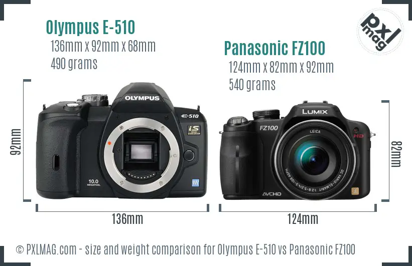 Olympus E-510 vs Panasonic FZ100 size comparison