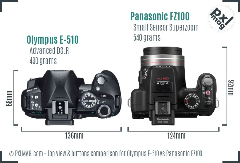 Olympus E-510 vs Panasonic FZ100 top view buttons comparison