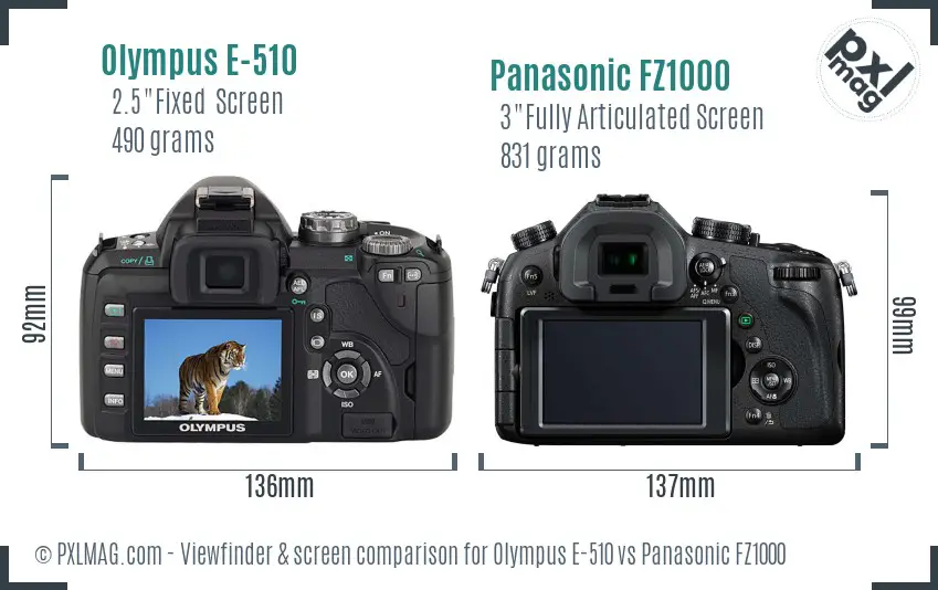 Olympus E-510 vs Panasonic FZ1000 Screen and Viewfinder comparison