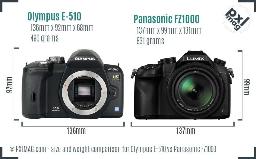Olympus E-510 vs Panasonic FZ1000 size comparison