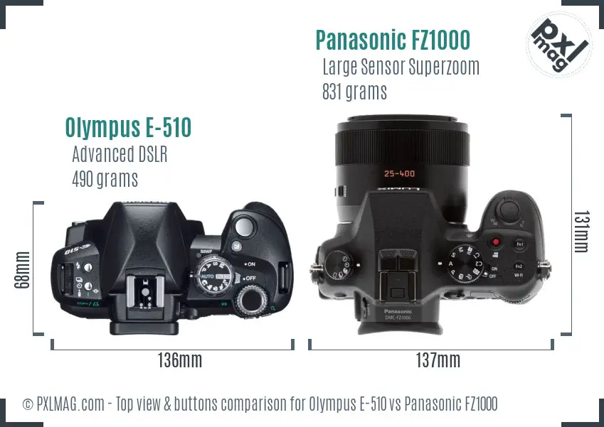 Olympus E-510 vs Panasonic FZ1000 top view buttons comparison