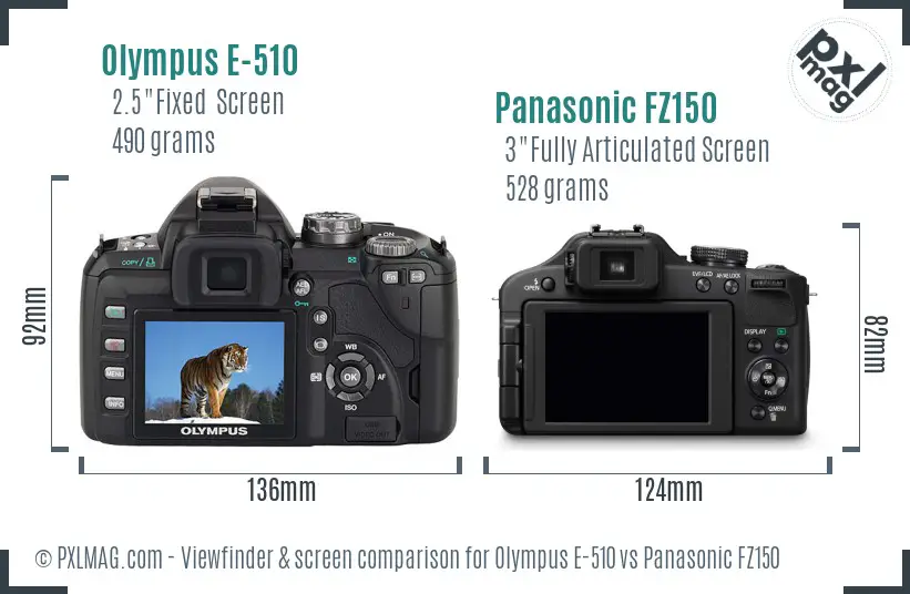 Olympus E-510 vs Panasonic FZ150 Screen and Viewfinder comparison