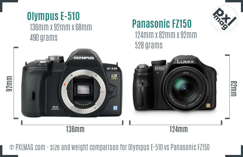 Olympus E-510 vs Panasonic FZ150 size comparison
