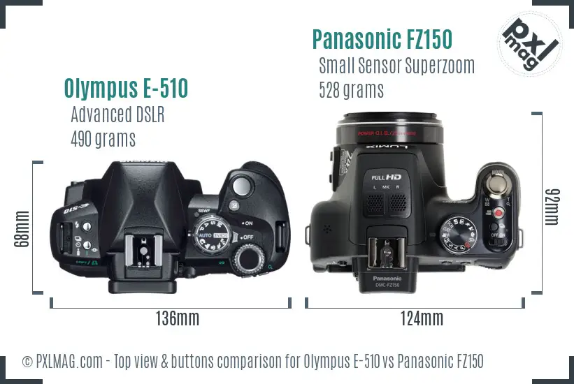 Olympus E-510 vs Panasonic FZ150 top view buttons comparison
