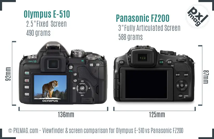 Olympus E-510 vs Panasonic FZ200 Screen and Viewfinder comparison