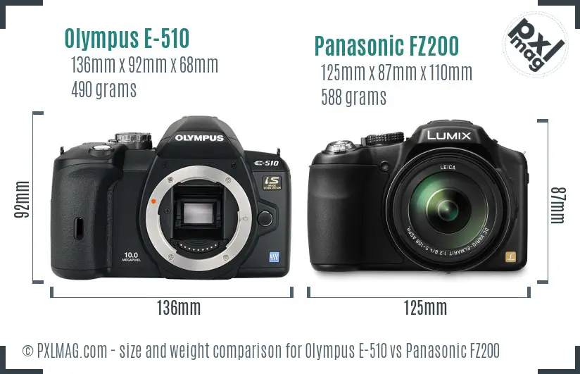 Olympus E-510 vs Panasonic FZ200 size comparison