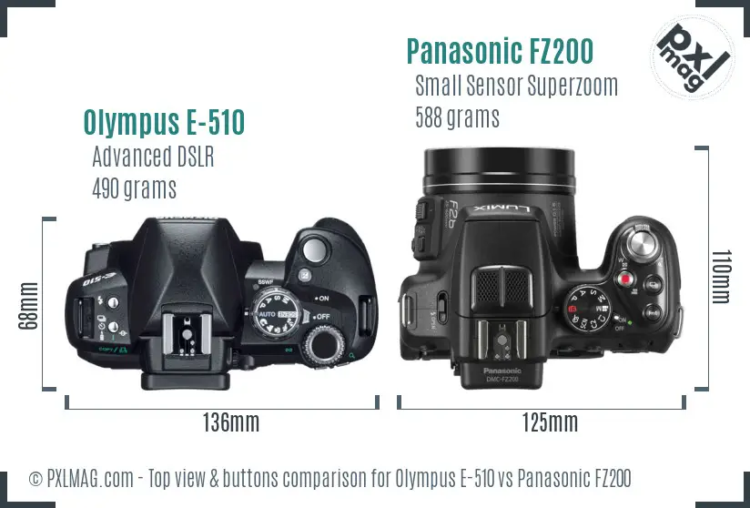 Olympus E-510 vs Panasonic FZ200 top view buttons comparison