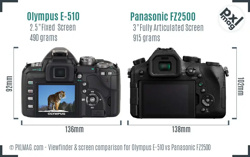 Olympus E-510 vs Panasonic FZ2500 Screen and Viewfinder comparison